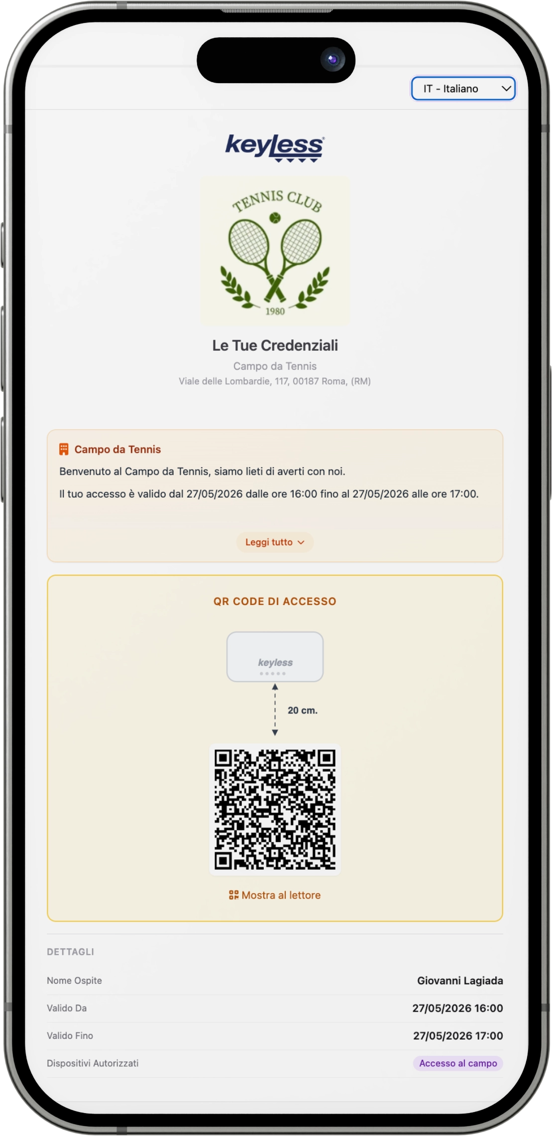 QR di accesso a un campo da tennis su smartphone